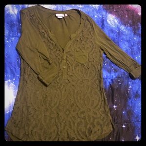 PacSun Olive Green Lace 1/4 Sleeve Top Sz S